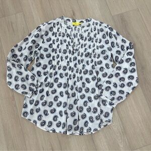 Roller Rabbit tunic long sleeve top floral paisley white blue small boho